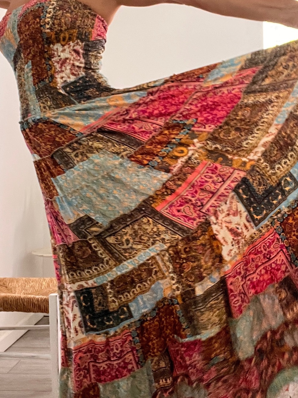Bohemian Patchwork Strapless Maxi Dress in Pink & Brown